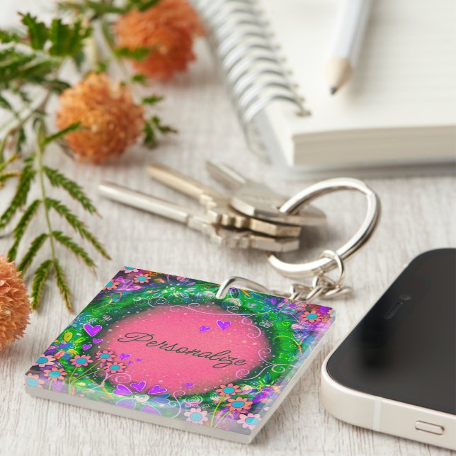 Pretty Floral Pink Your One Word Inspirivity  Keychain (Front Right)
