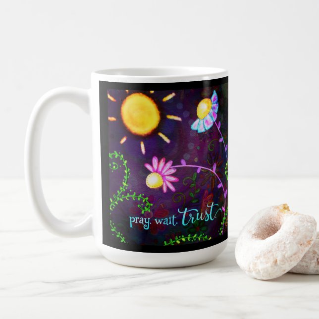 Pretty Floral Pray Wait Trust Quote Inspirivity Coffee Mug (With Donut)