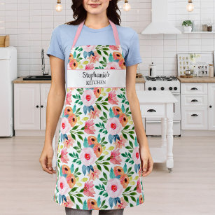 Pretty Floral Print Custom Text Name Personalized Apron