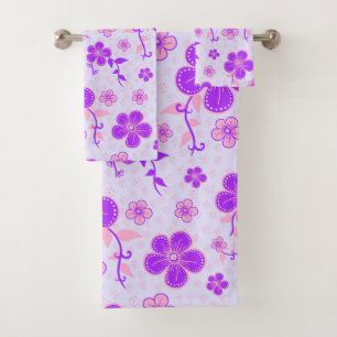 Pretty Floral Print Purple and Pink on Lavender Bath Towel Set