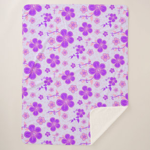 Pretty Floral Print Purple and Pink on Lavender Sherpa Blanket