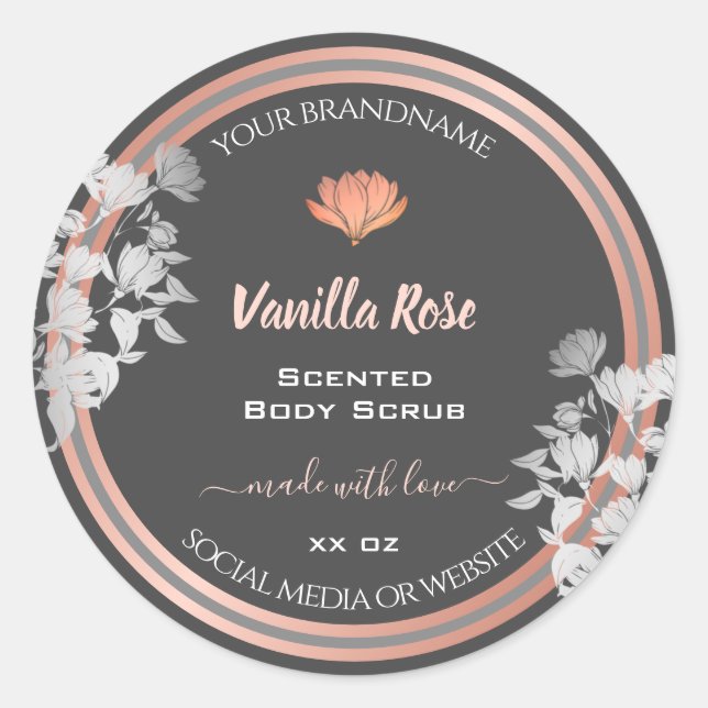 Pretty Floral Product Labels Grey and Rose Gold (Front)
