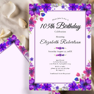 Pretty Floral Purple 105th Birthday  Invitation
