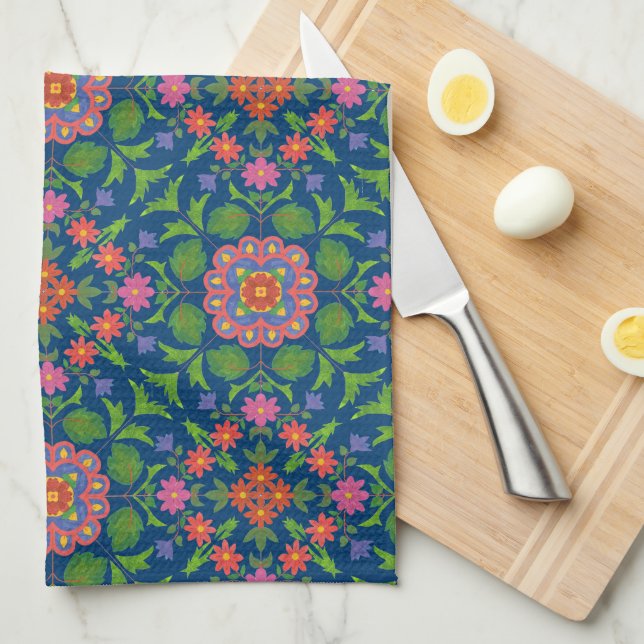 Pretty Floral Rangoli, Deep Blue Kitchen Towel (Quarter Fold)