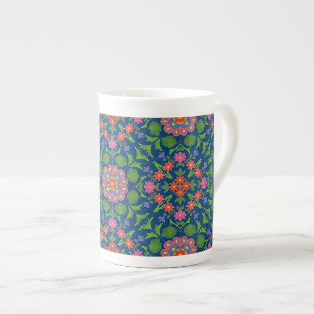Pretty Floral Rangoli on Deep Blue Bone China Mug (Front Right)