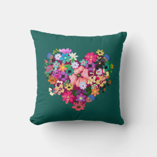 Pretty Floral Red Love Heart Flowers Cute Green Throw Pillow