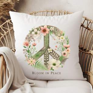 Pretty Floral Retro "Bloom in Peace" Peace Sign Throw Pillow