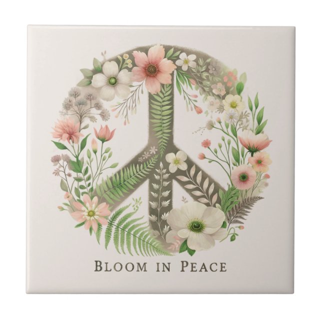 Pretty Floral Retro "Bloom in Peace" Peace Sign Tile (Front)