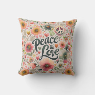 Pretty Floral Retro Peace & Love Throw Pillow
