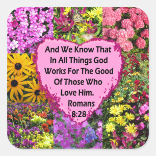 PRETTY FLORAL ROMANS 8:28 SCRIPTURE VERSE SQUARE STICKER