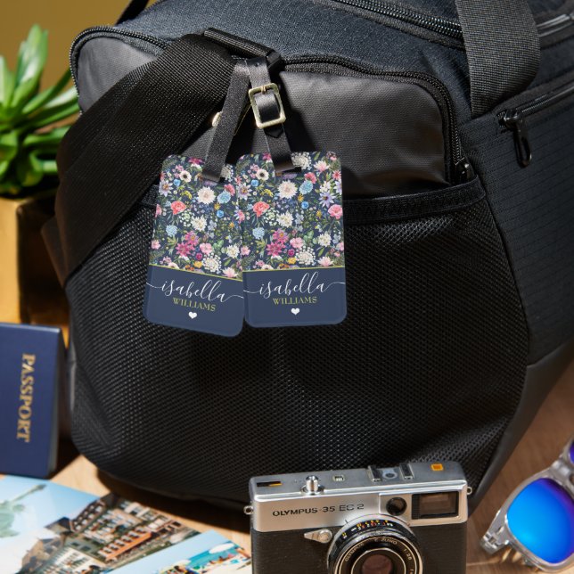 Pretty Floral Rose Personalized Wildflower Luggage Tag (Front & Back)