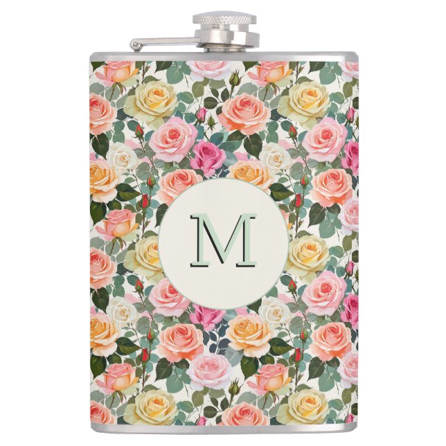 Pretty Floral Roses Botanical Flowers Monogrammed Hip Flask (Front)