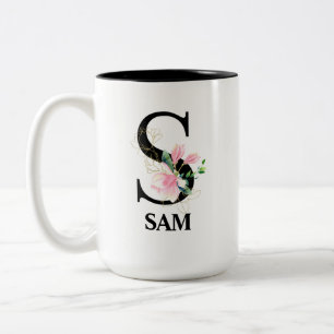Pretty Floral S monogrammed alphabet  Two-Tone Coffee Mug