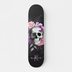 Pretty Floral Skull Botanical Leaves Name Monogram Skateboard