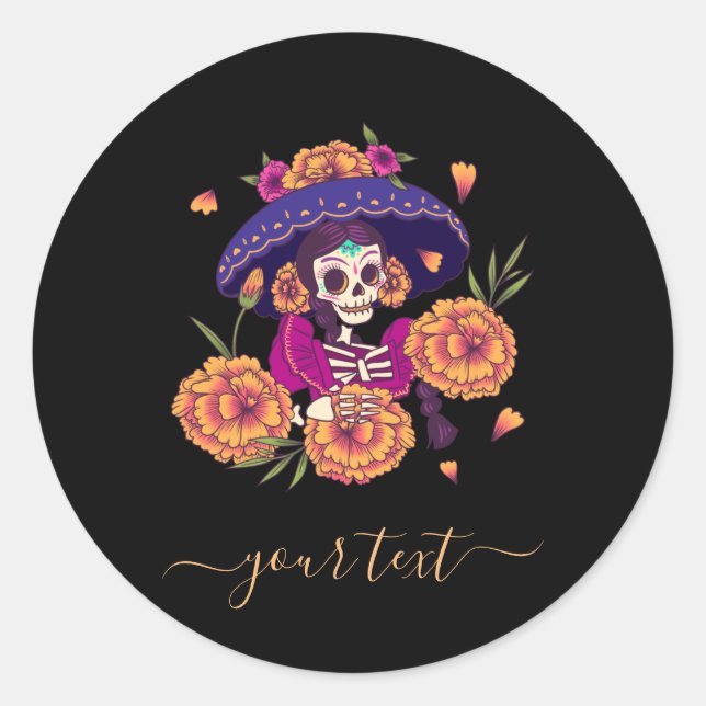 Pretty Floral Skull Skeleton &Elegant Name Festive Classic Round Sticker (Front)