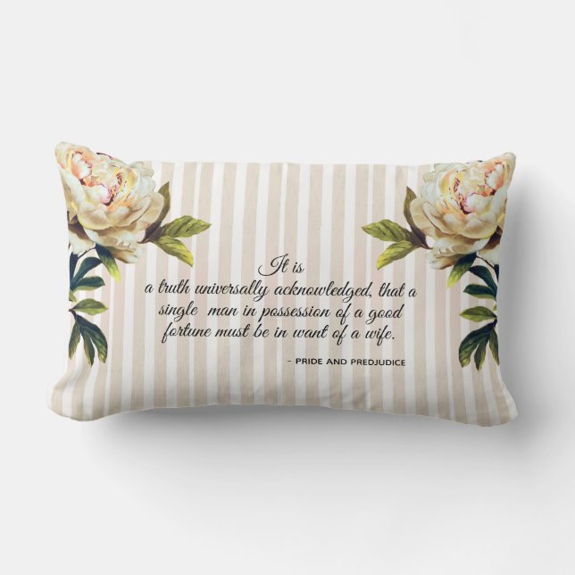 Pretty floral striped Jane Austen book quote Lumbar Pillow (Front)