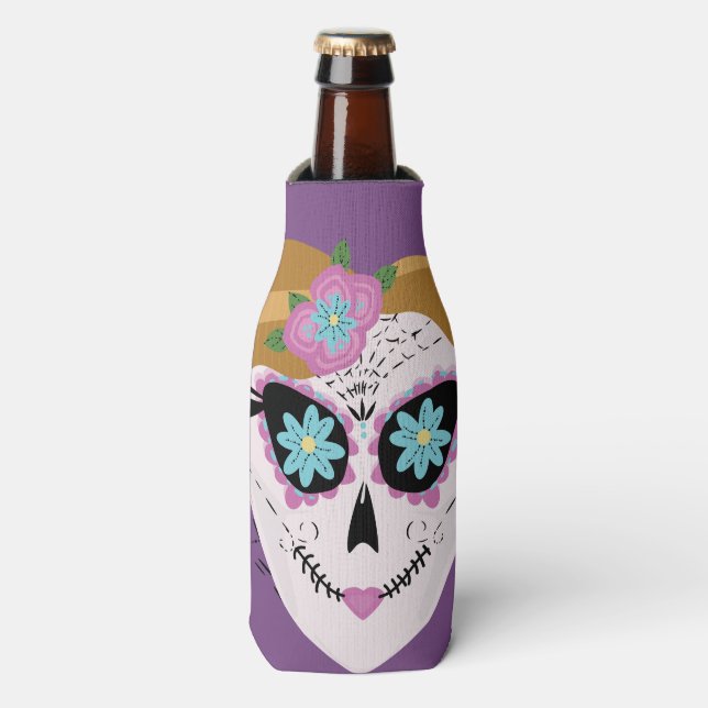 Pretty Floral Sugar Skull Purple Bottle Cooler (Bottle Front)