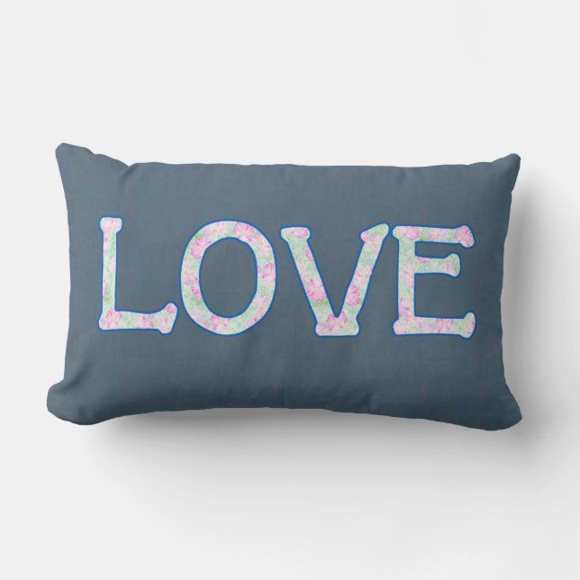 Pretty Floral Text Love on Denim Blue Background Lumbar Pillow (Front)