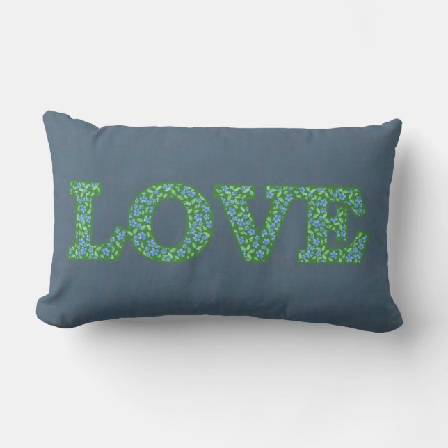 Pretty Floral Text Love on Denim Blue Background Lumbar Pillow (Front)