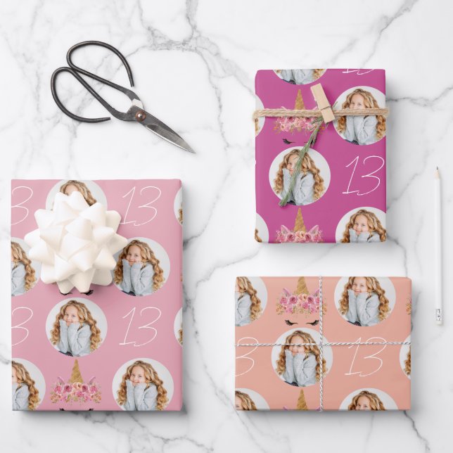 Pretty Floral Unicorn Photo Birthday  Wrapping Paper Sheet (Front)