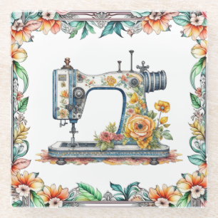 Pretty Floral Vintage Sewing Machine and Flowers Glass Coaster