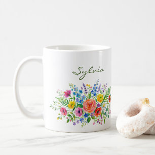 Pretty Floral watercolor Art Custom Name Gift Coffee Mug
