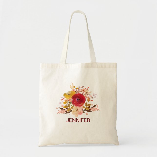 Pretty Floral Watercolor Bouquet Personalized Tote Bag (Front)