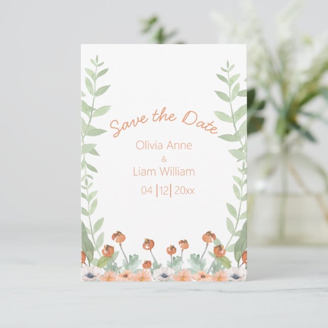 Pretty Floral Watercolor Modern Script Save The Date (Standing Front)