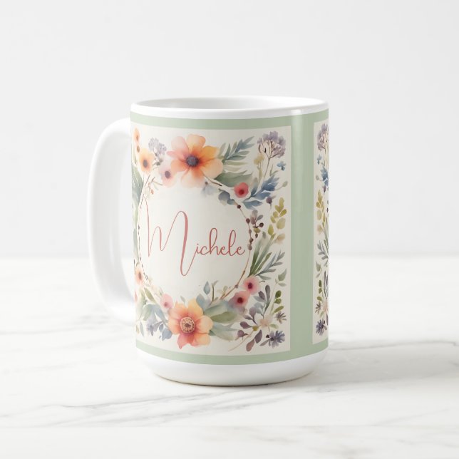 Pretty Floral Watercolor Monogram  Coffee Mug (Front Left)