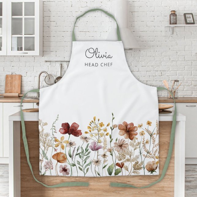 Pretty Floral Watercolor Wildflower Garden Cooking Apron (In situ)