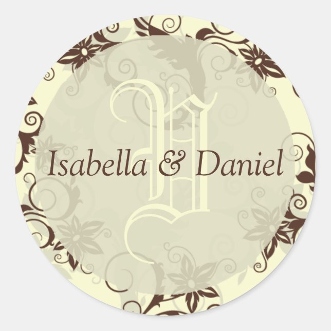 Pretty Floral Wedding Monogram Custom Names Classic Round Sticker (Front)