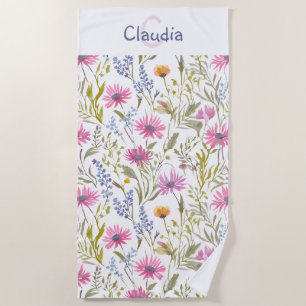 Pretty Floral Wildflowers Patterned Monogrammed Beach Towel