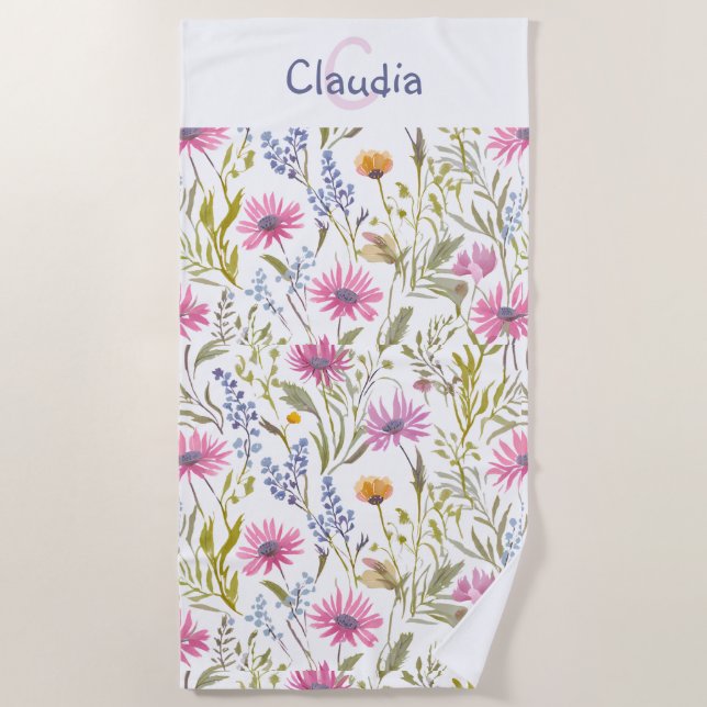 Pretty Floral Wildflowers Patterned Monogrammed Beach Towel (Front)