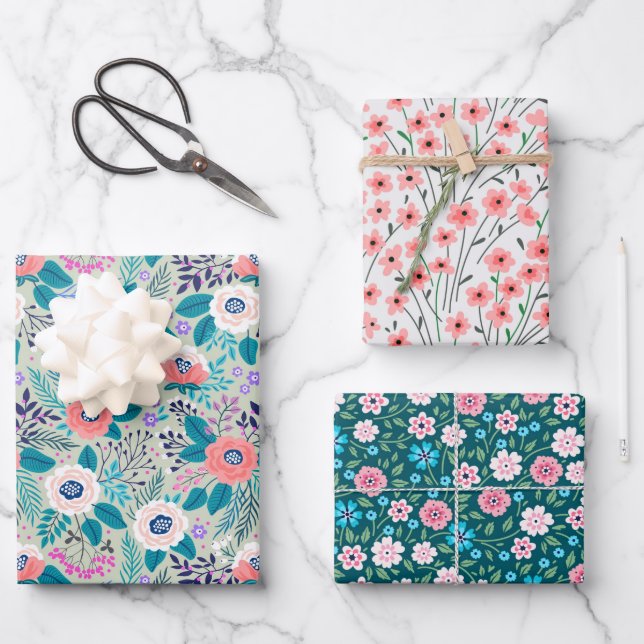 Pretty Floral Wildflowers Wrapping Paper Set of 3 (Front)
