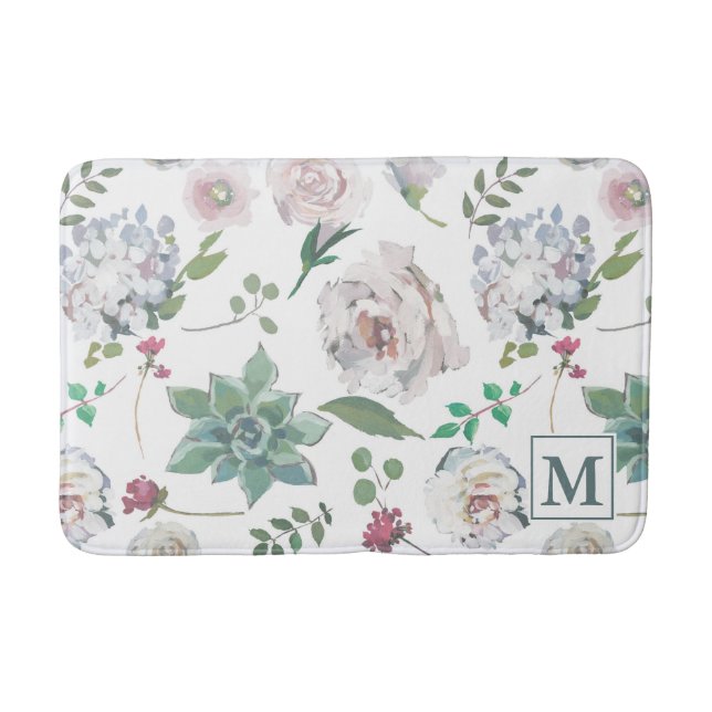 Pretty Floral with Monogram Bath Mat (Front)