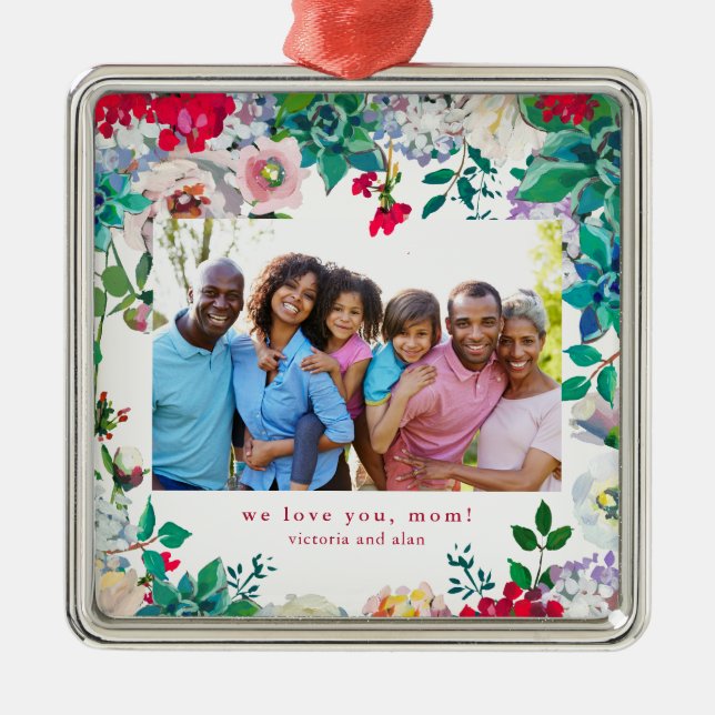 Pretty Floral with Photo Ornament Gift for Mom (Front)