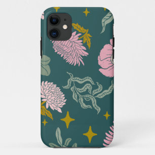 Pretty floral with turquoise background Girly chic iPhone 11 Case