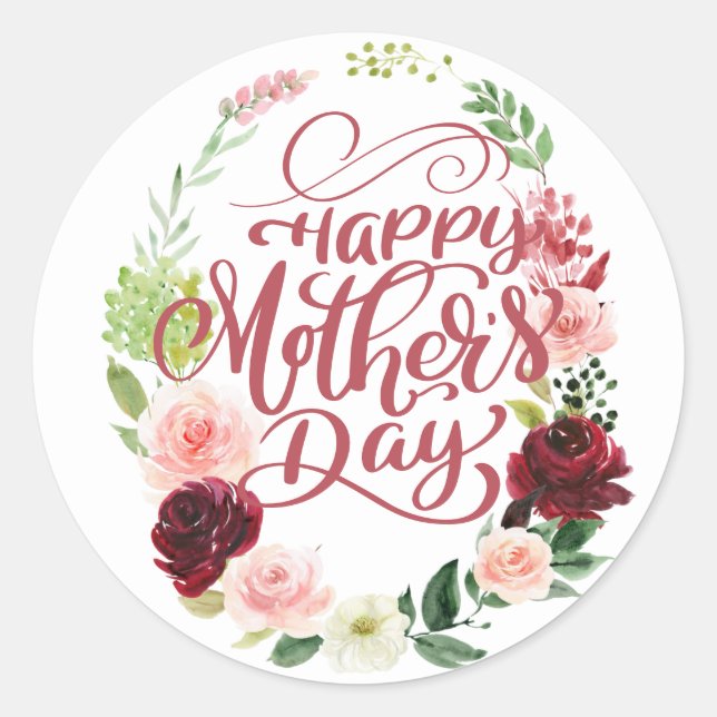 Pretty Floral Wreath Happy Mother's Day Classic Round Sticker (Front)