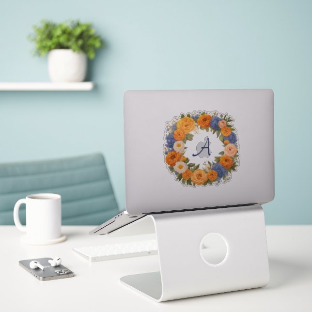 Pretty Floral Wreath Monogrammed Initial Cut-Out (Laptop On Desk)