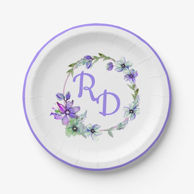 Pretty Floral Wreath Monogrammed Wedding  Paper Plate (Front)