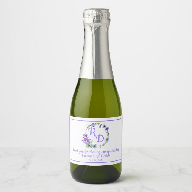 Pretty Floral Wreath Monogrammed Wedding  Sparkling Wine Label (Front)