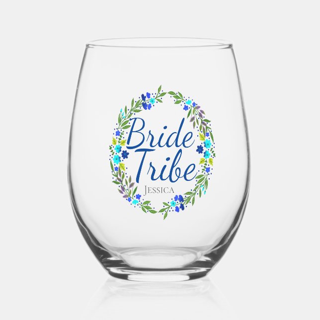 Pretty Floral Wreath Personalised Bride Tribe Stemless Wine Glass (Front)