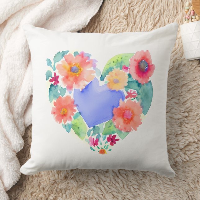 Pretty Floral Wreath Watercolor Art Throw Pillow (Blanket)