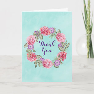 Pretty Floral Wreath Watercolor Flowers Thank You Card