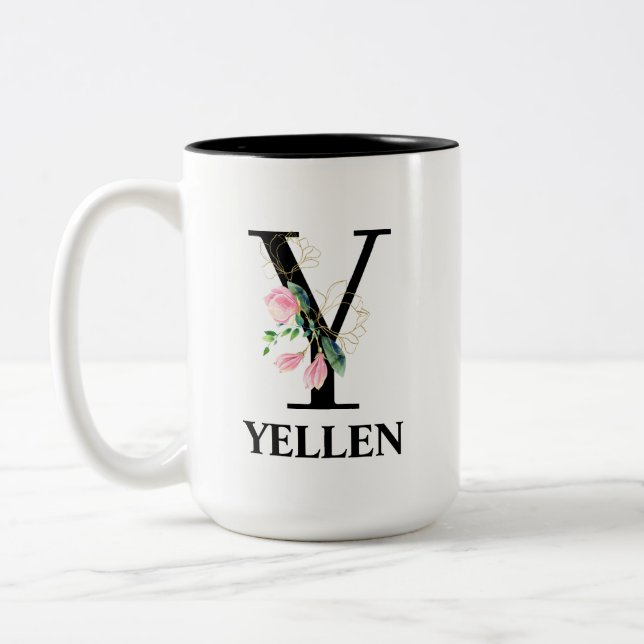 Pretty Floral Y alphabet Two-Tone Coffee Mug (Left)