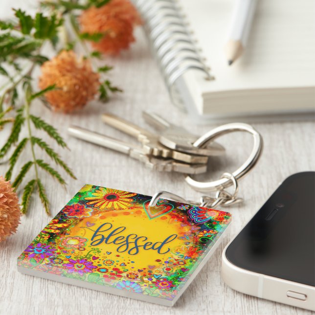 Pretty Floral Yellow Blessed Inspirivity Keychain (Front Right)