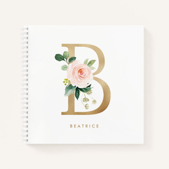 Pretty Florals Faux Gold Foil Letter B Monogram Notebook (Front)