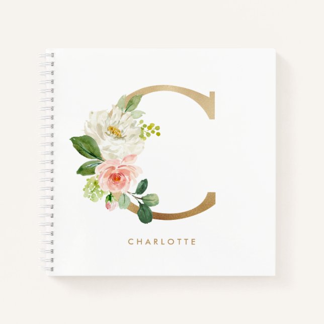 Pretty Florals Faux Gold Foil Letter C Monogram Notebook (Front)