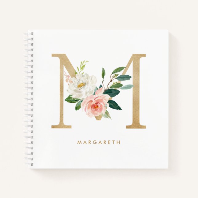 Pretty Florals Faux Gold Foil Letter M Monogram Notebook (Front)