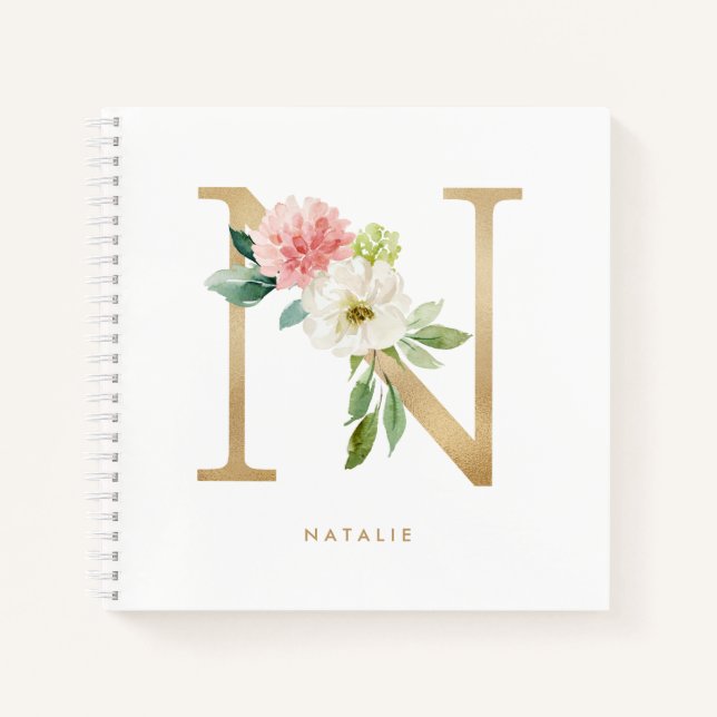 Pretty Florals Faux Gold Foil Letter N Monogram Notebook (Front)